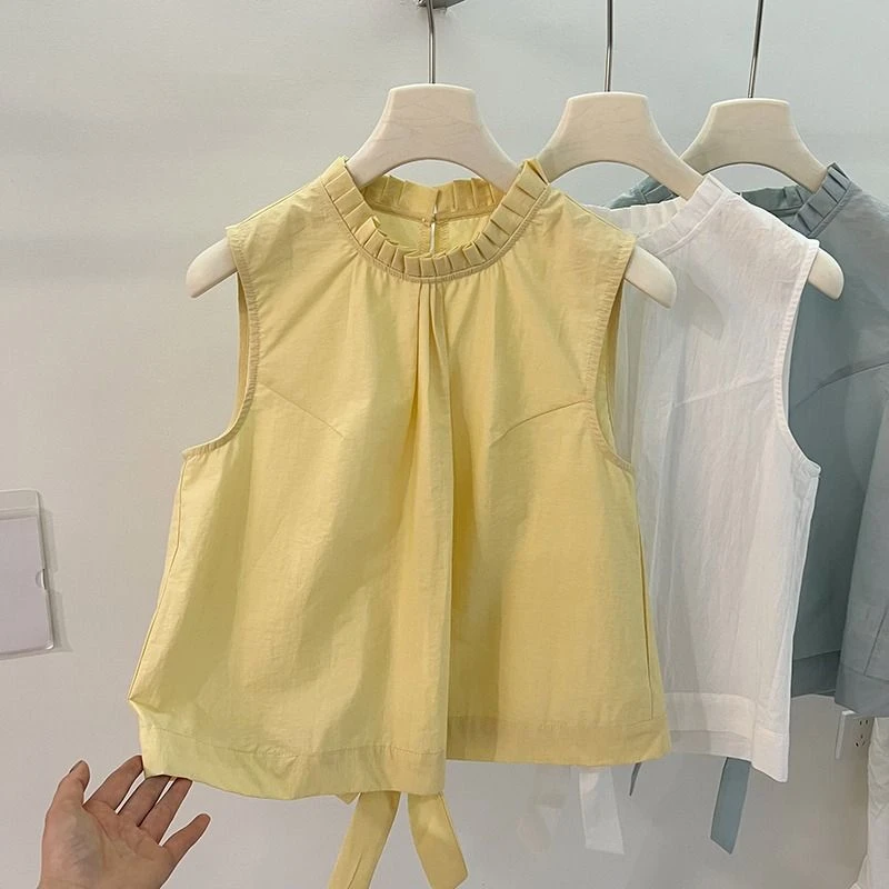 韩系木耳边无袖衬衫女新款设计绑带镂空女生韩系ins衣服上衣背心