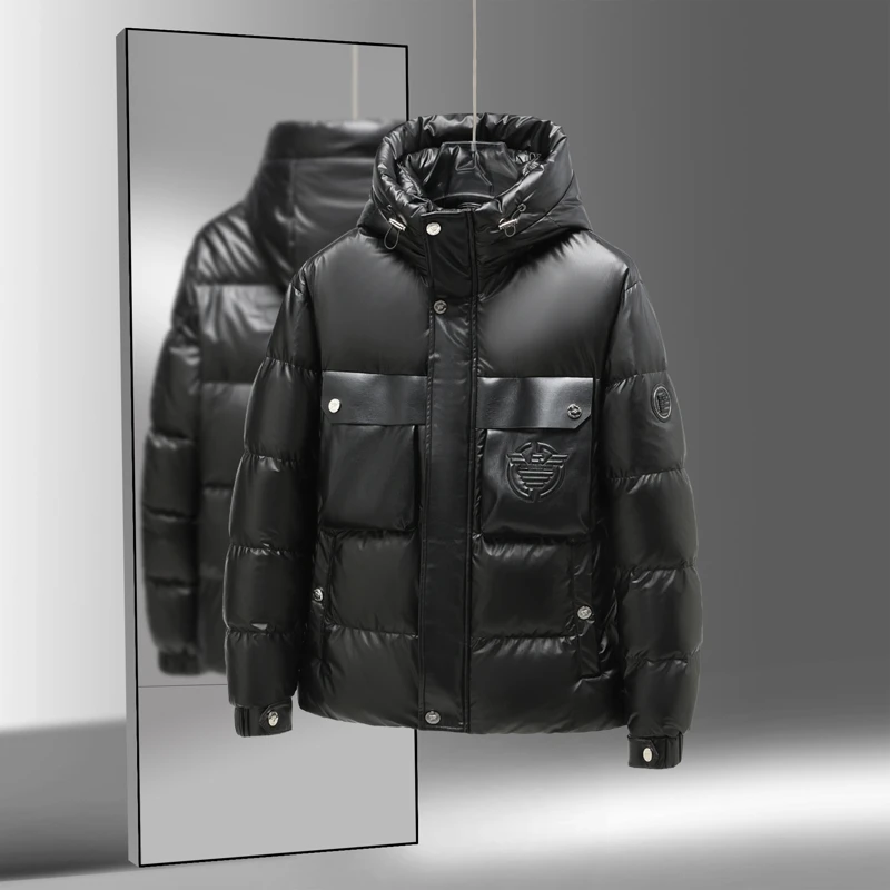 VENDAFONAT梵基弗奈冬季连帽真皮拼接羽绒服加厚大码极寒保暖外套