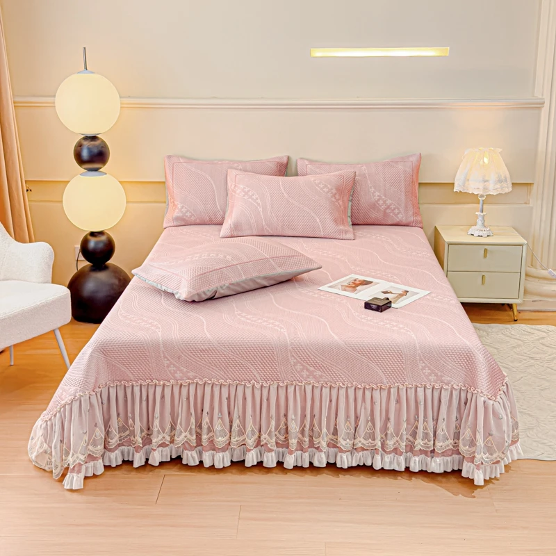 新款3d凉感冰豆豆床裙款凉席纯色蕾丝花边家用床盖凉席冰丝席夏季