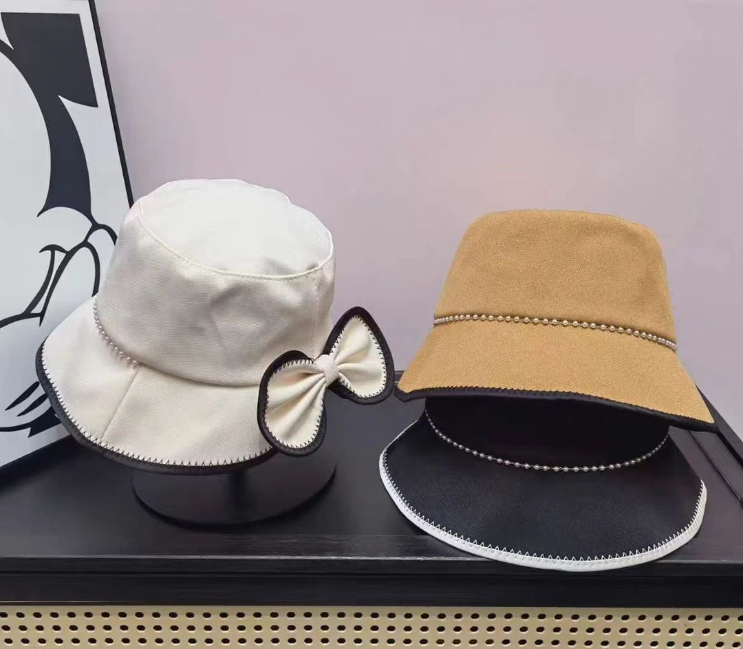 渔夫帽春夏新款网红蝴蝶结珍珠帽子日系平顶防晒时尚百搭盆帽潮