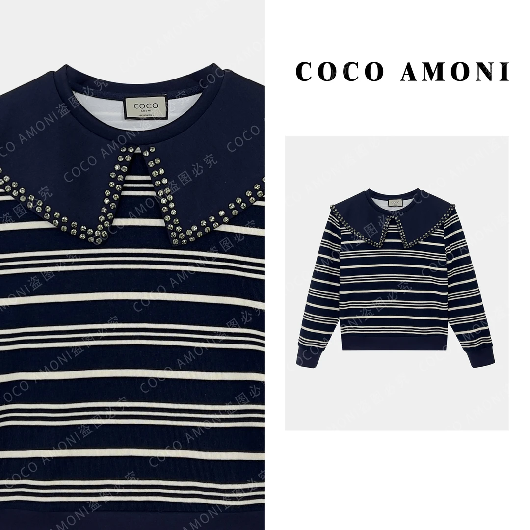 高级感烫钻条纹女装拼接重工减龄显瘦气质长袖卫衣ZD059