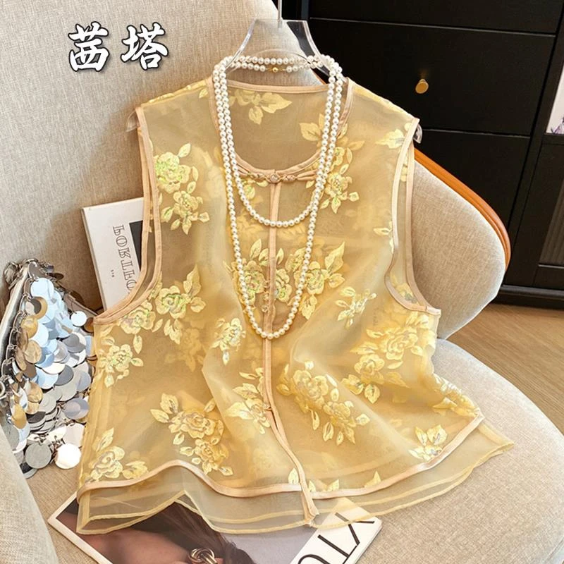 新中式国风马甲坎肩女装重工欧根纱刺绣马夹无袖背心外穿夏季薄款