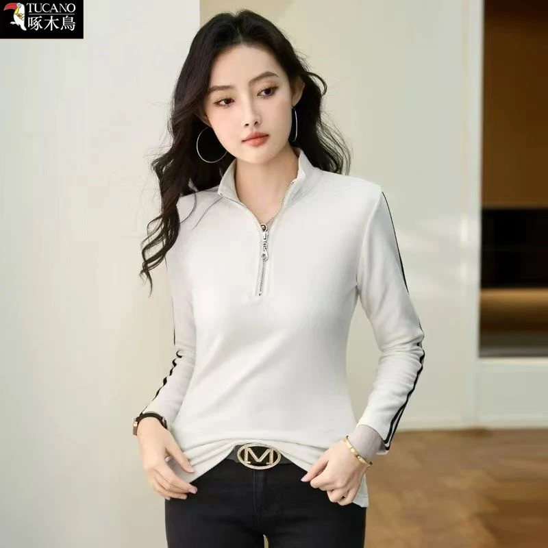 啄木鸟半拉链立领长袖T恤2025年新款气质冬季德绒保暖百搭上衣女