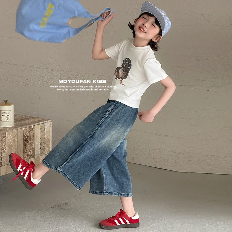 女童套装2025夏季新款儿童短袖牛仔阔腿裤九分裤两件套女大童夏装