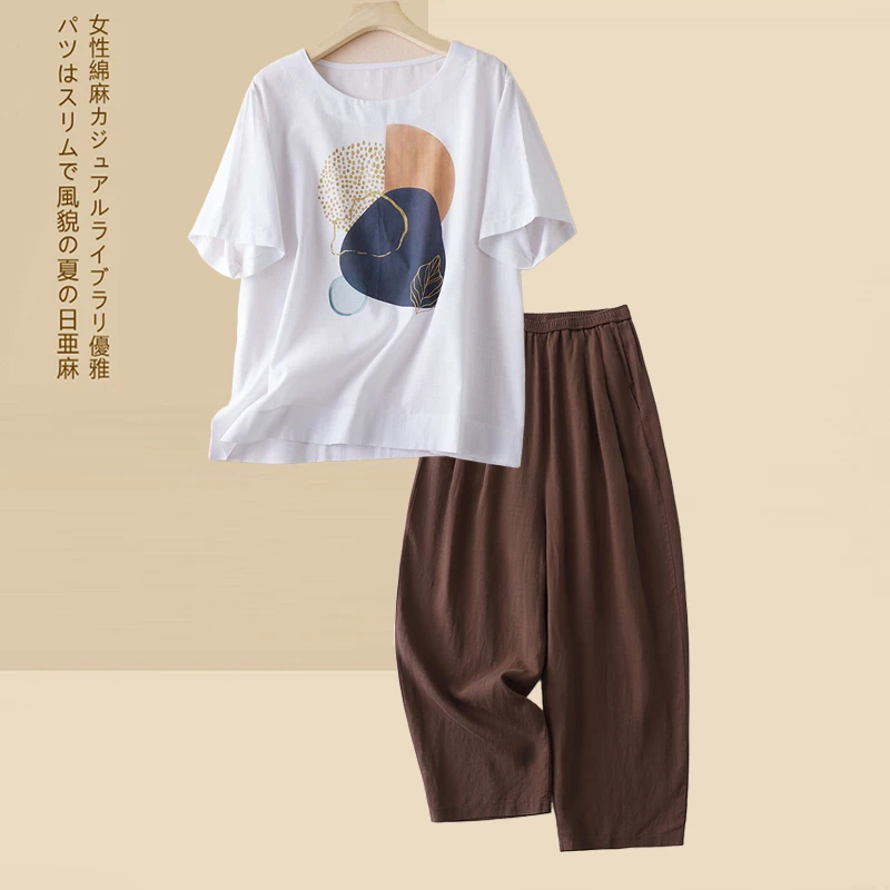 大码夏装女士休闲亚麻套装2025年新款中年妈妈亚麻短袖短裤两件套