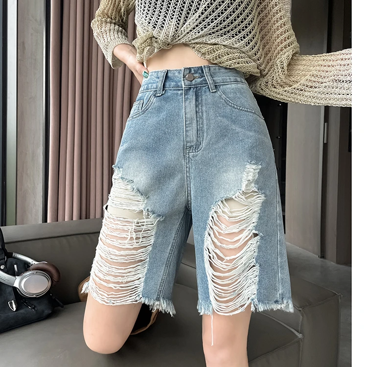 梦冷五分牛仔短裤女夏季薄款2025年新款显瘦破洞宽松设计感直筒裤