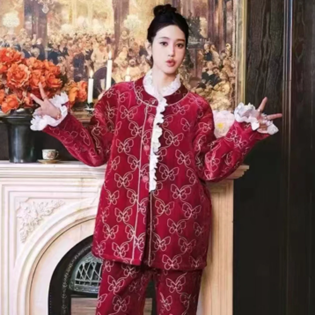 女士冬季三层夹棉加厚保暖蝴蝶元素睡衣家居服庄周晓梦冬