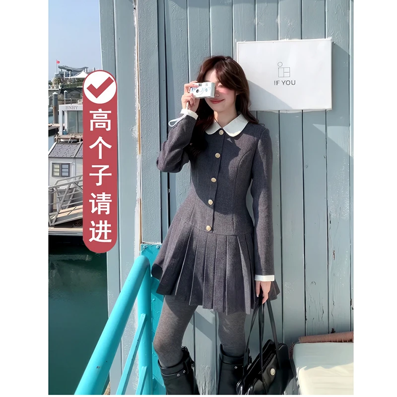 韩系高智感假两件拼接连衣裙女秋冬新款小众设计感收腰显瘦百褶裙