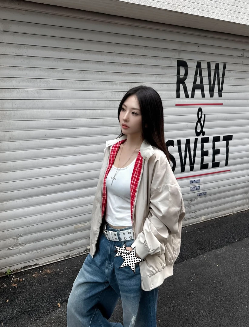 H新款早秋新款撞色格纹内衬夹克宽松休闲外套