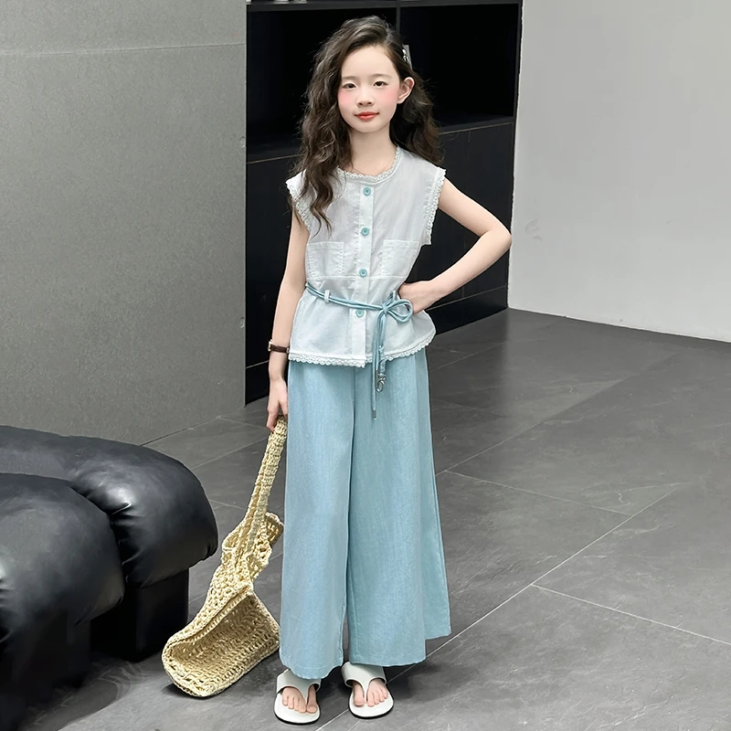 韩系女童夏季套装2025新款儿童洋气无袖衬衫阔腿裤两件套中大童潮