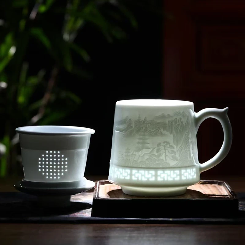 景德镇陶瓷茶杯高端影青玲珑办公杯带盖茶水分离泡茶水杯送长辈