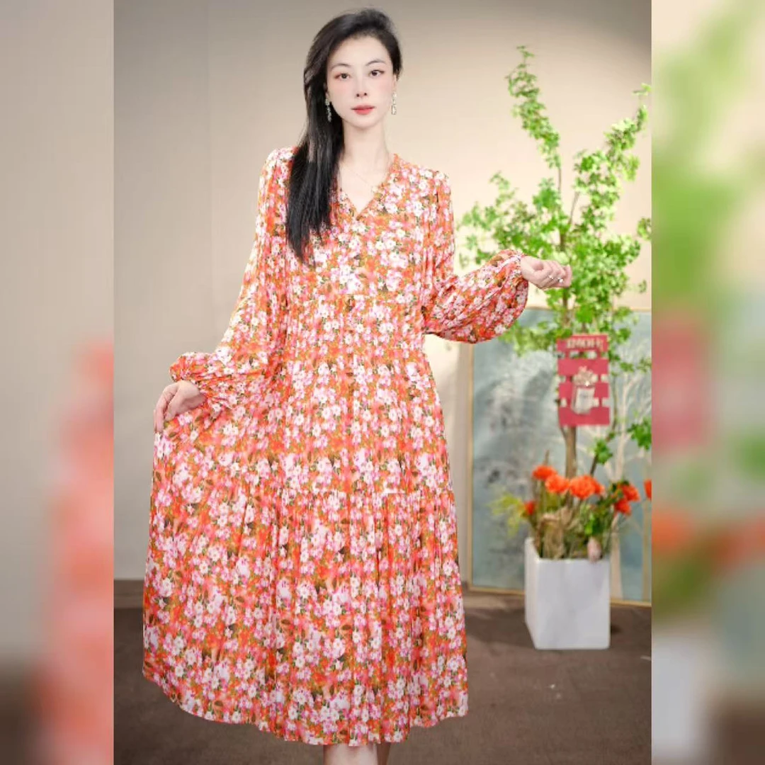 【多米拉】18224-3橙花漫漫早秋碎花长袖连衣裙气质