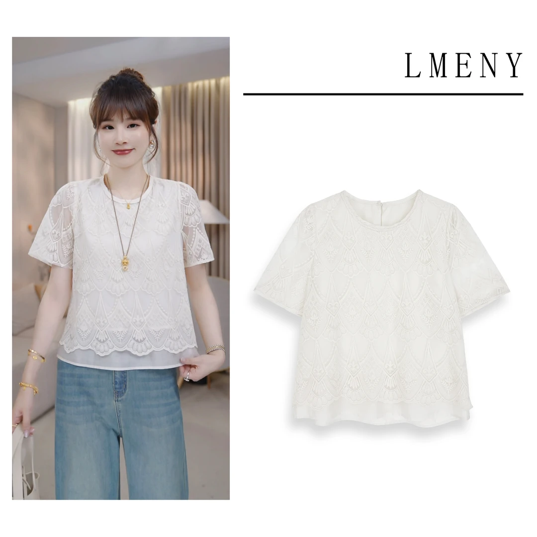 LMENY雀羽绣夏~减龄棉线绣花圆领显瘦薄款小衫25BC036