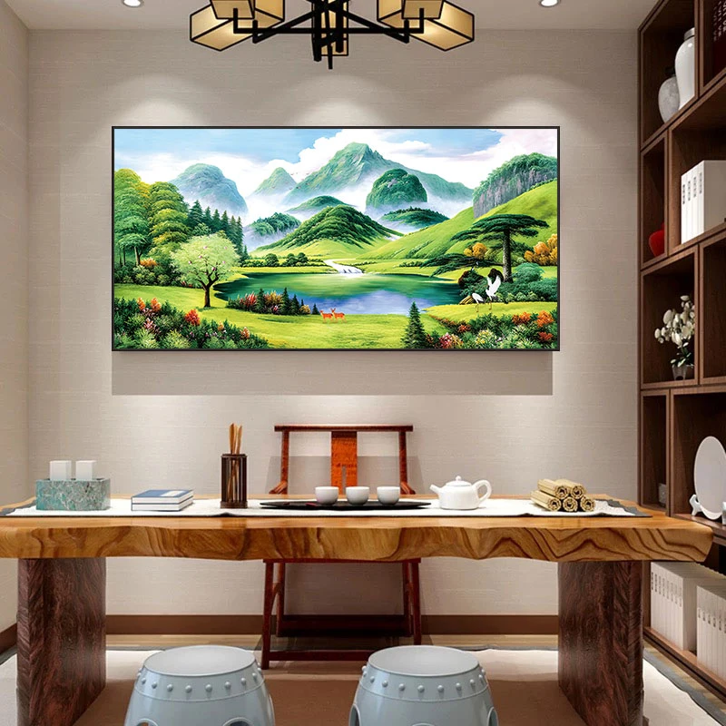 中式办公室客厅大堂酒店沙发茶室前台横幅晶瓷装饰画灯光画