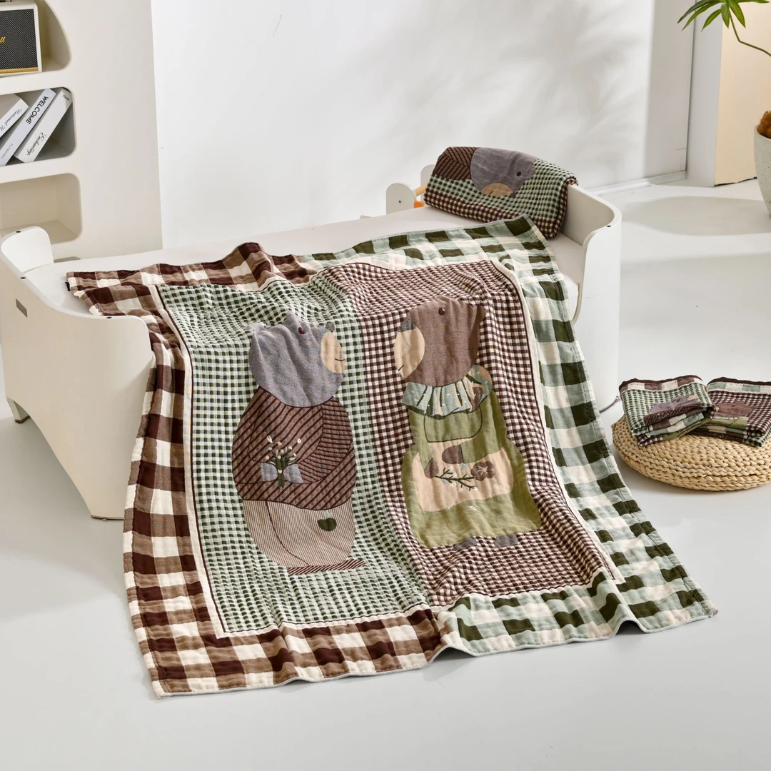 【情侣熊】120/150四层水洗可爱卡通可机洗纱布毯