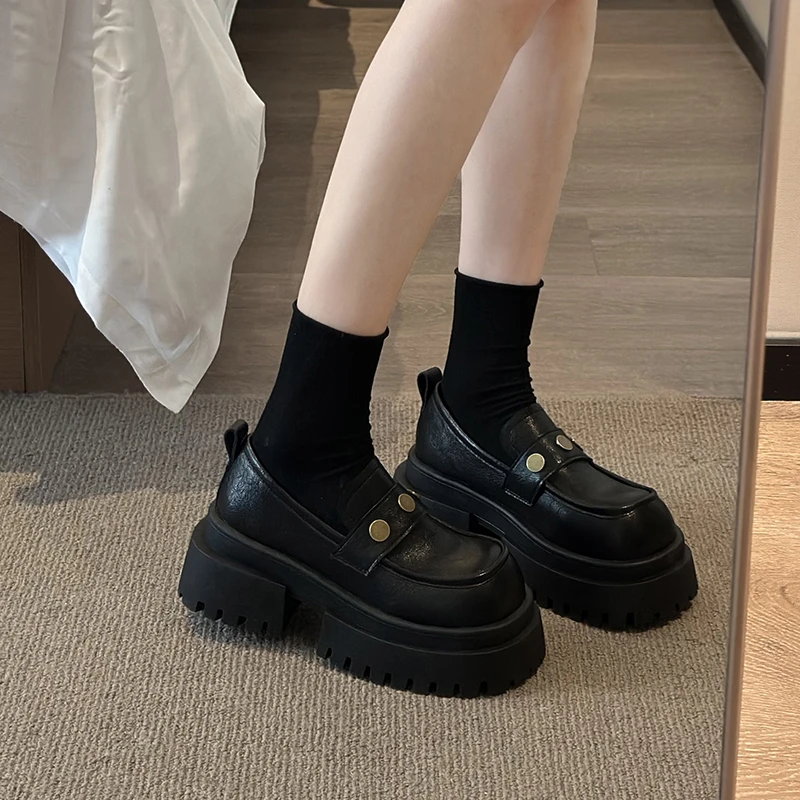 一脚蹬粗跟小皮鞋女鞋子2025春秋新款厚底增高英伦风松糕乐福单鞋