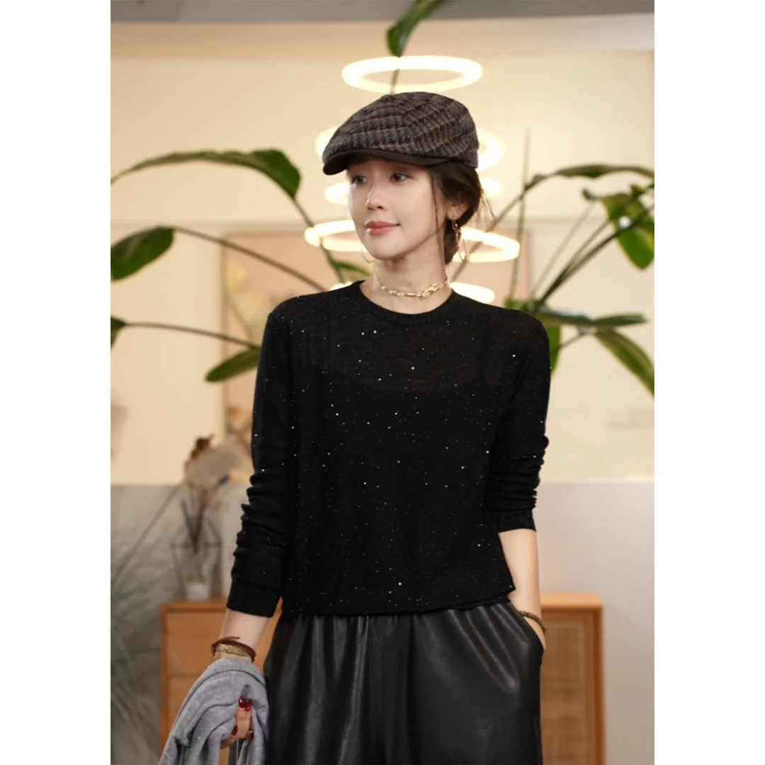 【叭哒不惑】波光 精纺羊毛薄款夏季长袖亮片针织衫百搭套头上衣