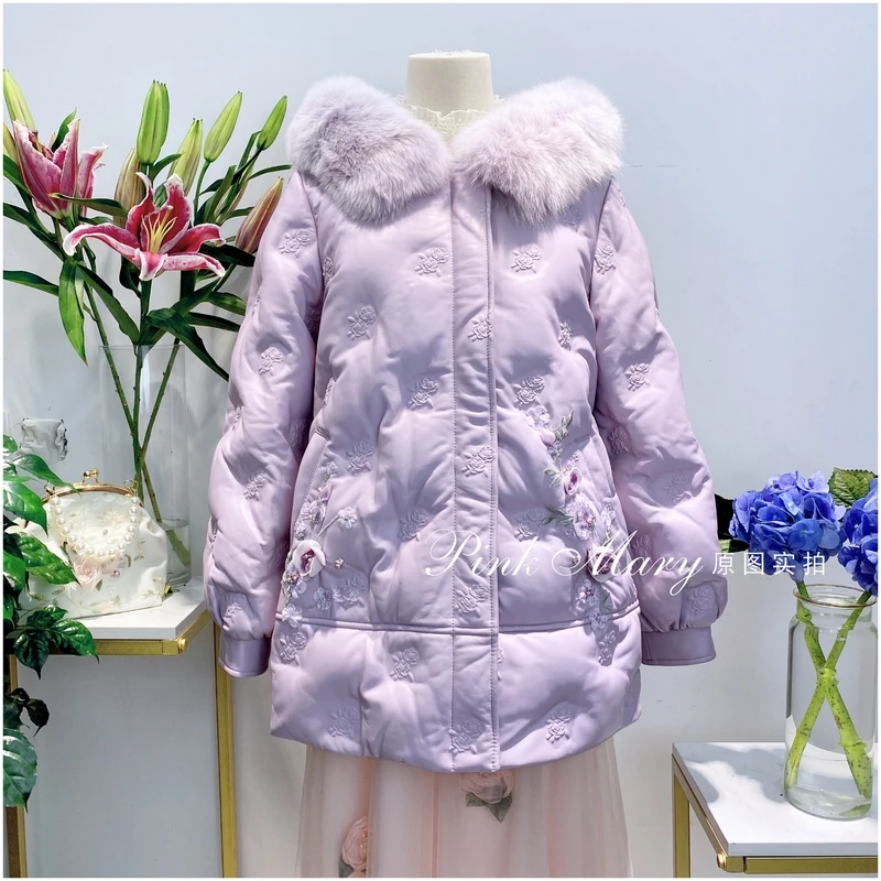Pink Mary粉红玛琍连帽鸭绒皮羽绒服外套保暖女装冬季PMAMW770161