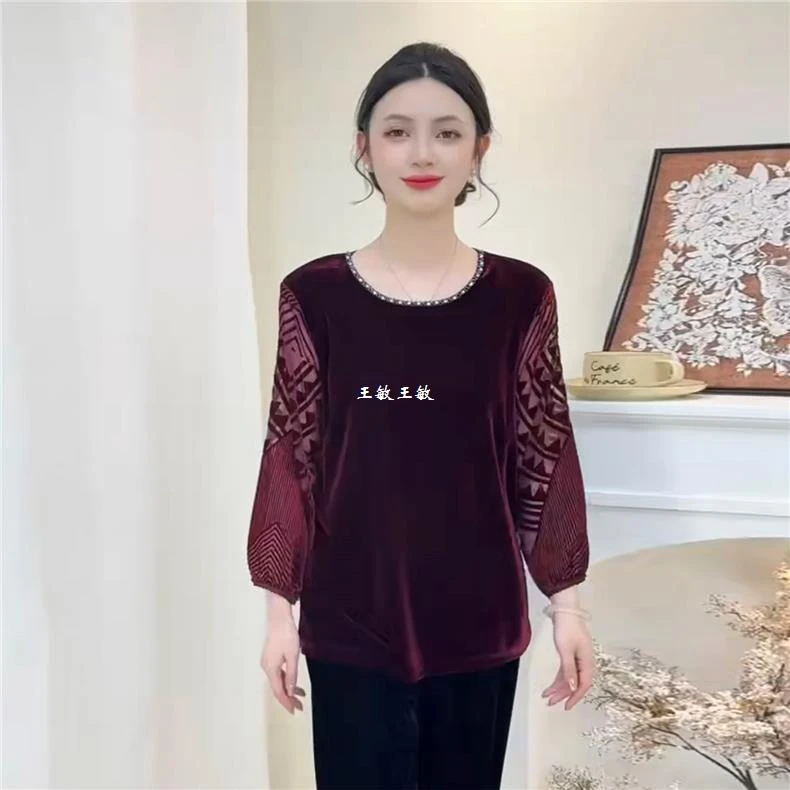 1215洋气妈妈丝绒小衫春装新款镂空烧花九分袖圆领钉珠打底上衣
