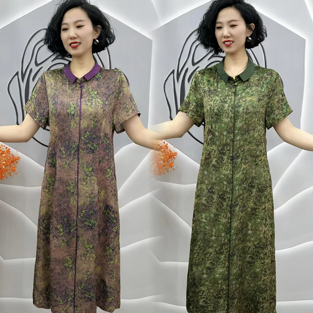 8626 中式小翻领碎花妈妈裙 时尚显瘦中长款连衣裙