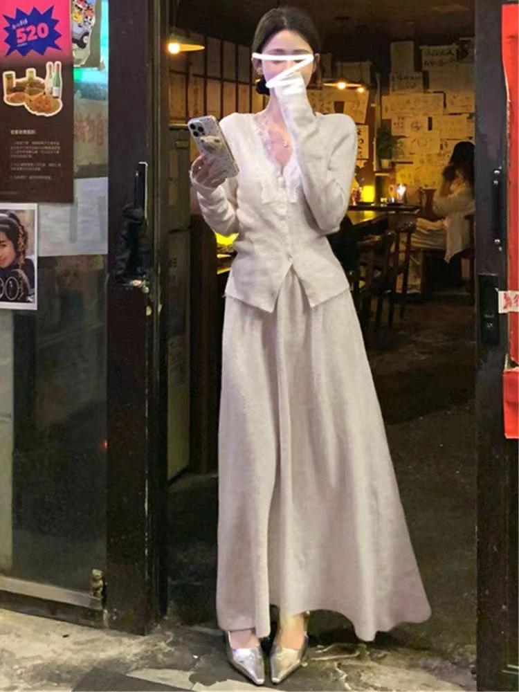 现货秒发---糯米绒长袖套装半身打底法式长款设计师裙显瘦气质时