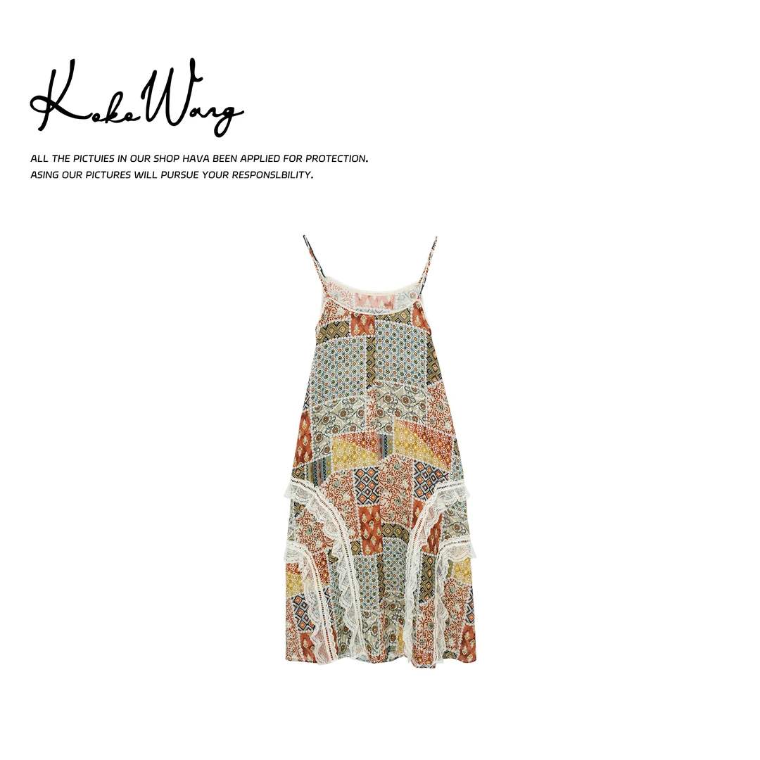 KOKOWANG时尚气质波西米亚风苎麻蕾丝拼接百搭连衣裙470685C01Q43