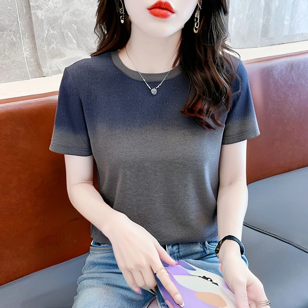 2025年夏季新款女装圆领短袖T恤时尚减龄灰色百搭渐变气质上衣