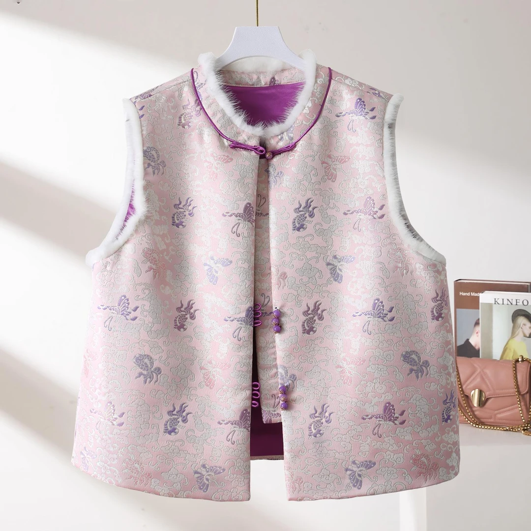 【紫韵】新中式水貂毛马甲女春秋夹棉宋锦国风马夹背心叠穿棉服