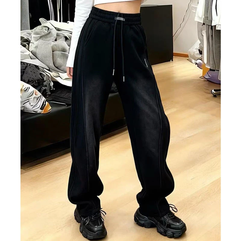 秋冬加厚款黑色抽绳休闲裤女宽松显瘦百搭阔腿裤运动裤极简风长裤