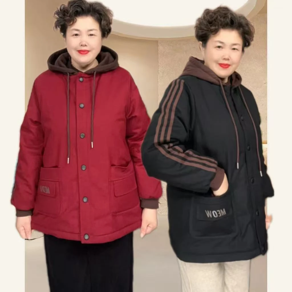 秋冬大码妈妈装小个子中老年短款连帽休闲夹克棉袄女士加绒保暖