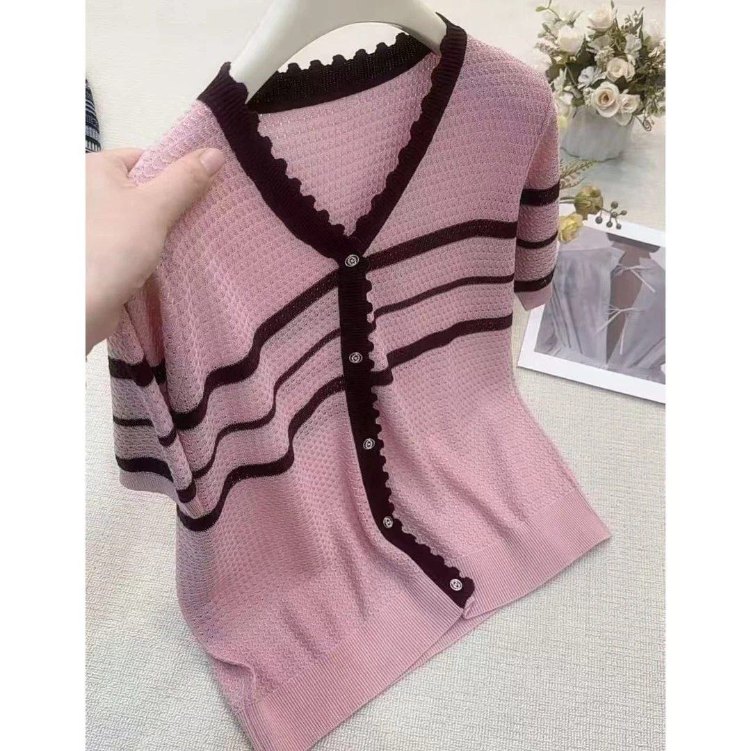 丽丽家~花语气质时尚百搭条纹撞色拼色短袖