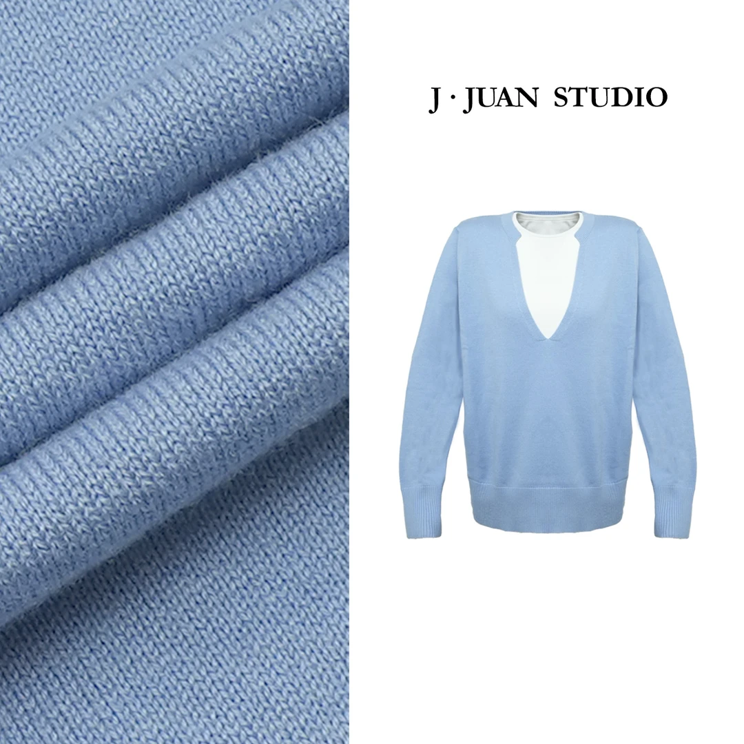 【J.Juan】双拼-春季V领蚕丝羊毛毛衣背心两件套高个子女装叠搭上衣