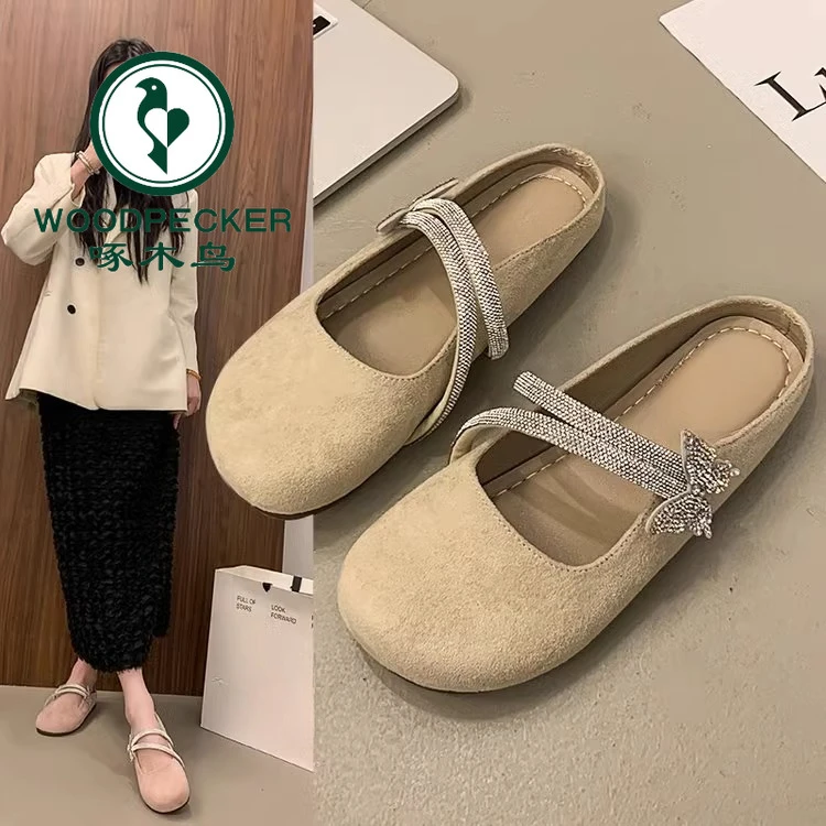 啄木鸟平底包头半拖鞋女夏季2025新款法式一脚蹬懒人半托水钻女鞋
