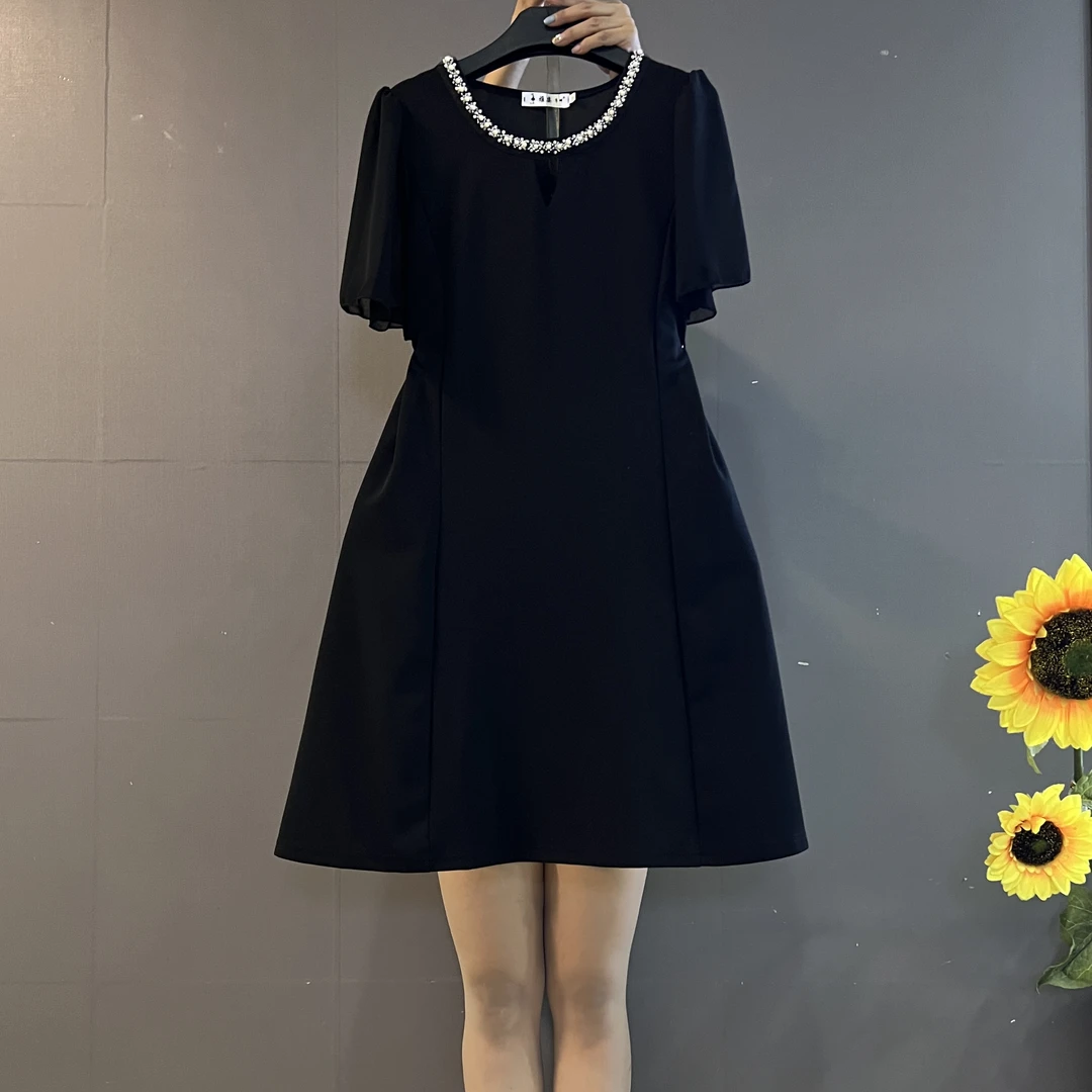法式高级感荷叶袖拼接雪纺圆领钉珠气质显瘦A字板小黑裙