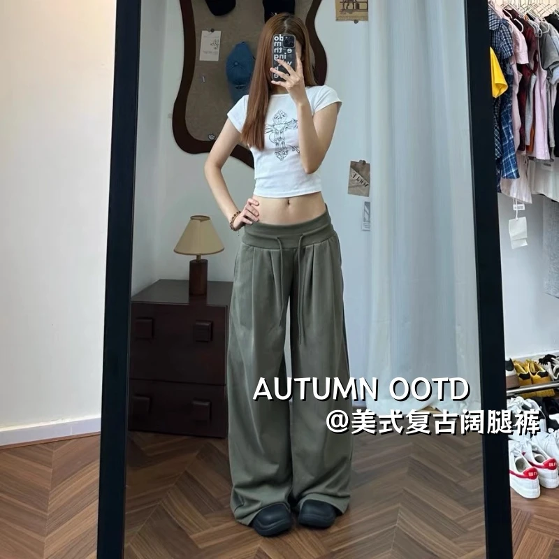 军绿色运动卫裤女秋季2025年新款美式抽绳休闲低腰抽绳宽松阔腿裤