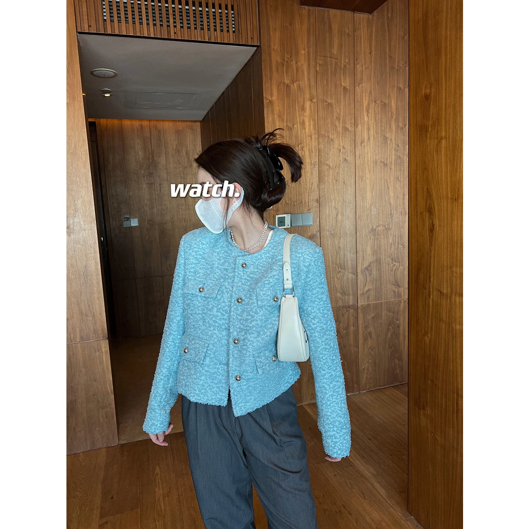 法式气质时尚小香风外套女2025春秋新款水蓝色复古短款上衣外套潮