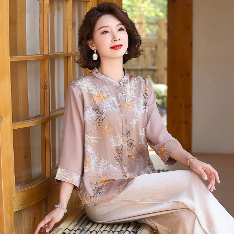 新中式妈妈夏装套装国风仿真丝小衫洋气中老年女春夏季七分袖上衣