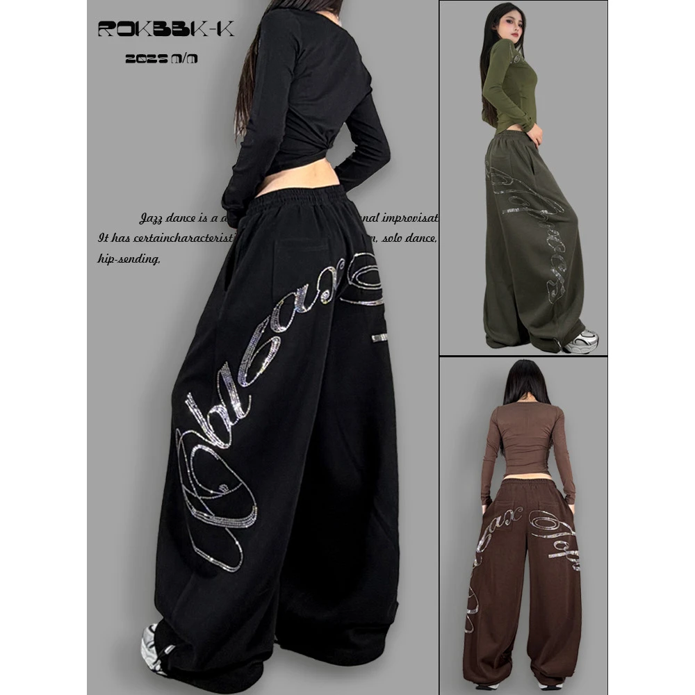ROKBBK－K/布韩美式嘻哈风烫钻黑色阔腿裤女街舞个性宽松休闲裤
