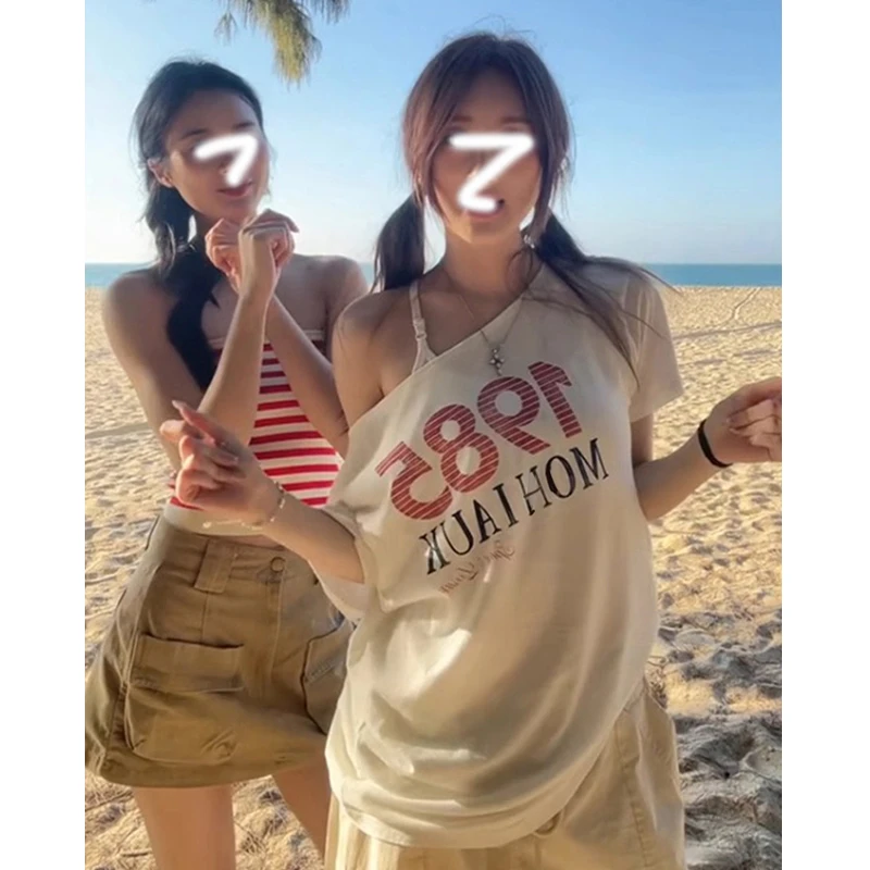 Two Million/美式复古数字印花斜肩t恤女宽松短袖辣妹露肩上衣