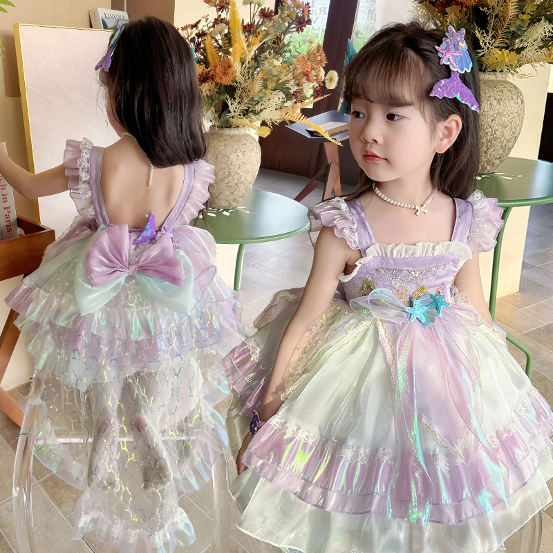 女童公主裙条纹夏季女小萝莉人鱼公主连衣裙礼服演出服纱裙洋气