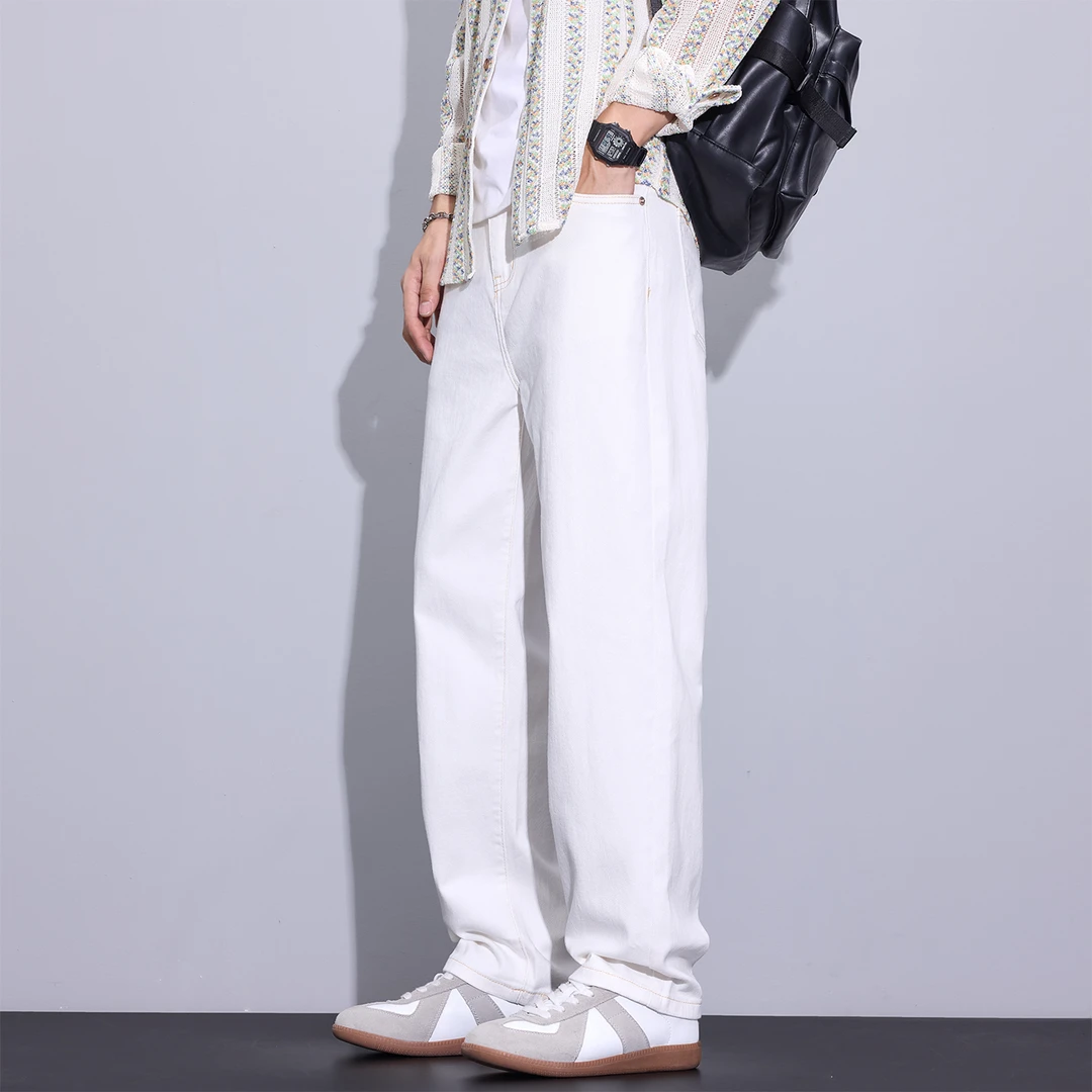 Kuvine2025秋季宽松直筒美式潮流舒适弹力经典水洗白色牛仔裤男士