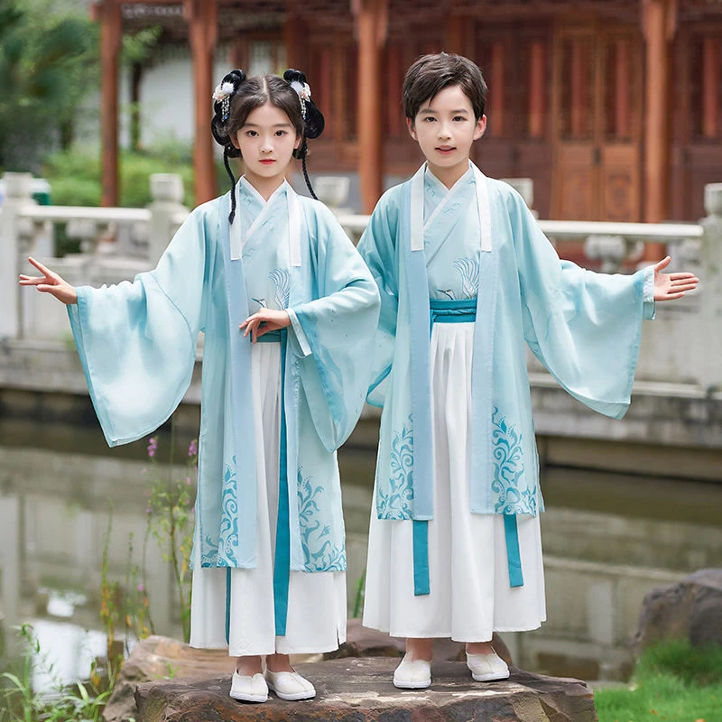 儿童汉服国学演出服新款男女童中国风开笔礼三字经书童表演服古风