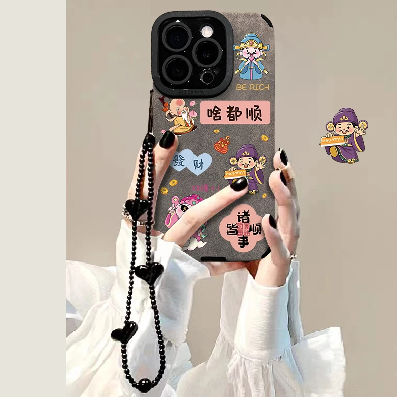 适用苹果16pro华为vivo小米oppo手机壳瞳眼皮质啥都顺财神女防摔