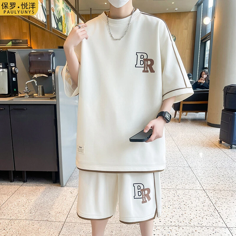 冰丝休闲运动套装男款夏季青少年短袖t恤潮流短裤帅气搭配一整套