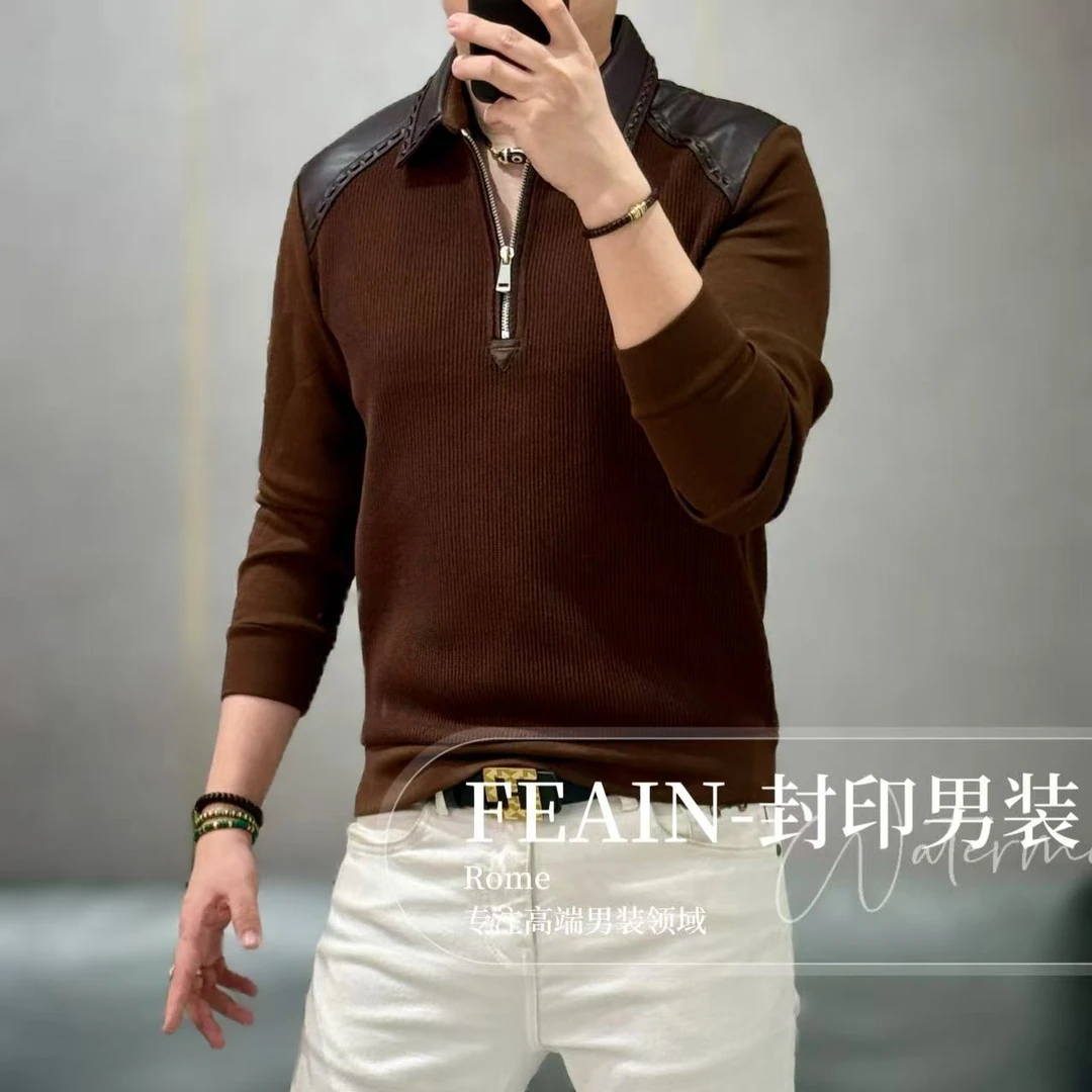 【真皮编织】高端男士B*V方向手工编织真皮翻领卫衣8302