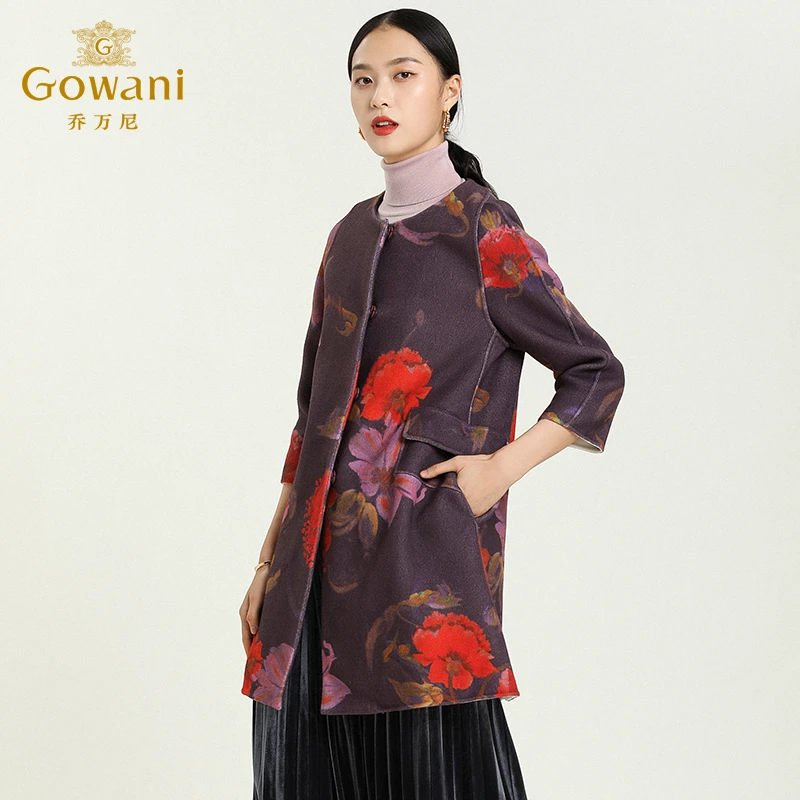 Gowani/乔万尼中长款羊毛大衣时尚圆领九分袖大衣外套女E164A037