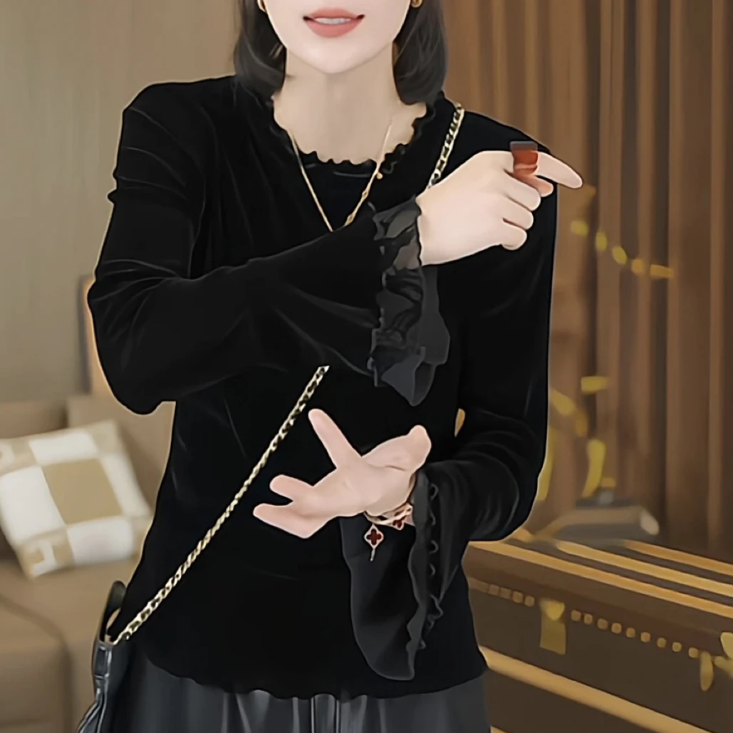 法式设计感蕾丝拼接韩货绒内搭长袖T时尚打底衫显瘦