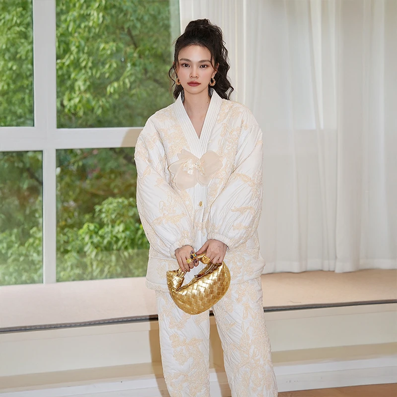 AUDREYWANG原创国风羊绒绣绗棉睡衣套装冬保暖可外穿家居服11366