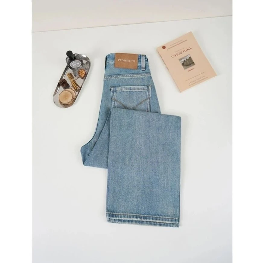 【现货+运费险】2025春夏款雾霾蓝窄版阔腿无弹高腰牛仔垂坠直筒裤