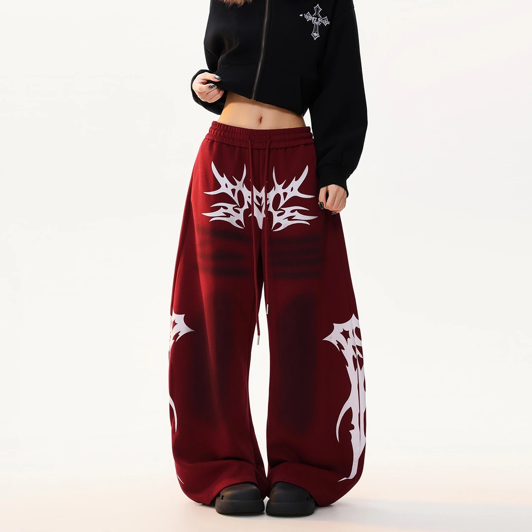 Y-C哥特风黄泥喷漆印花休闲弯刀裤女美式复古宽松潮牌阔腿拖地裤